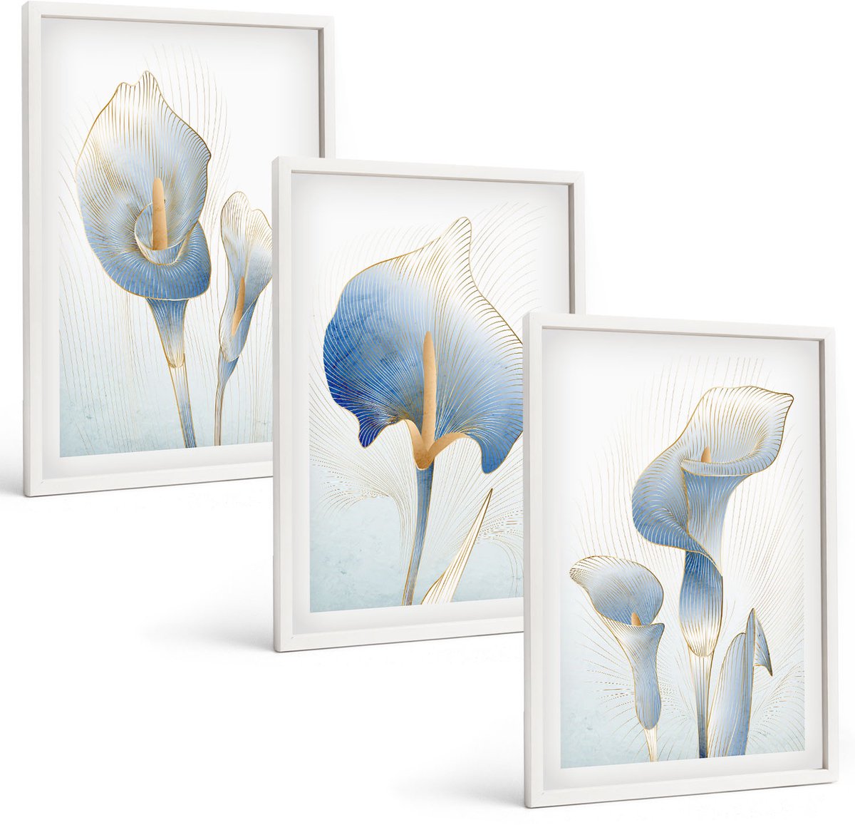Tulup 3-Delige Schilderij Set - Fijne blauwe bloemen op een lichte achtergrond - 40x60 - Wanddecoratie - Muurdecoratie - Woonkamer
