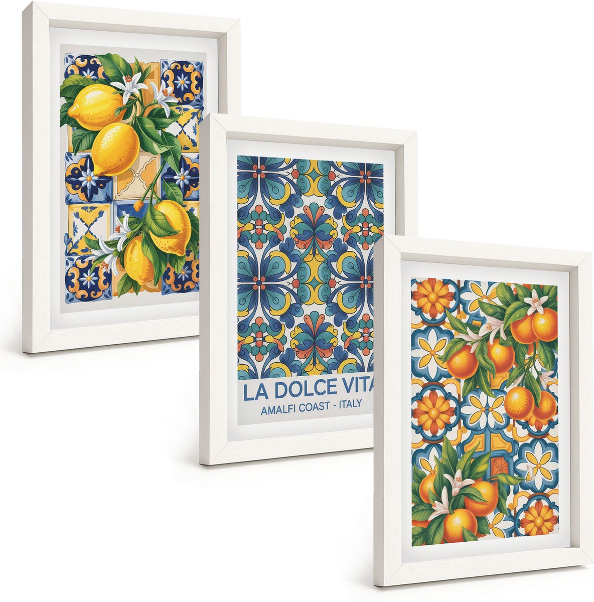 Tulup 3-Delige Schilderij Set - Citroen- en sinaasappelbloemen in kleurrijke patronen - 20x30 - Wanddecoratie - Muurdecoratie - Woonkamer - Moderne Wanddecoratie