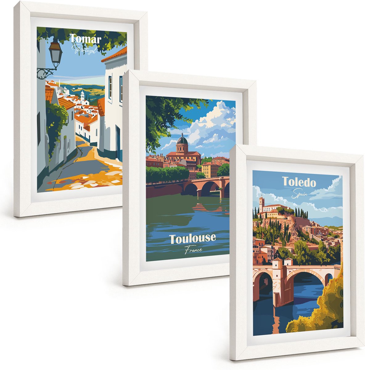 Tulup 3-Delige Schilderij Set - Grafische afbeeldingen van beroemde steden in retrostijl - 20x30 - Moderne Wanddecoratie - Slaapkamer
