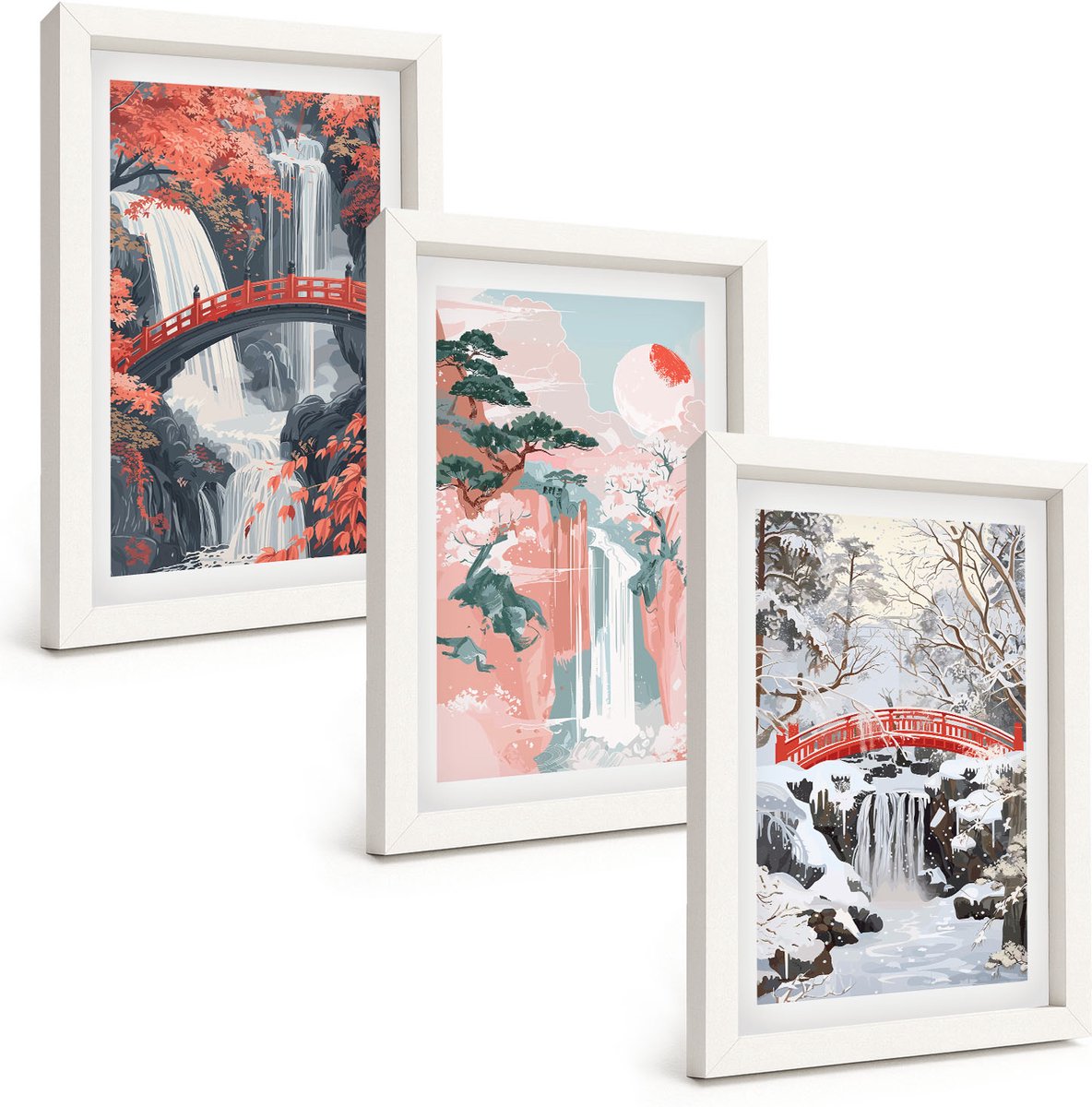 Tulup 3-Delige Schilderij Set - Watervallen in verschillende seizoenen met bruggen en bomen. - 20x30 - Wanddecoratie - Muurdecoratie - Woonkamer