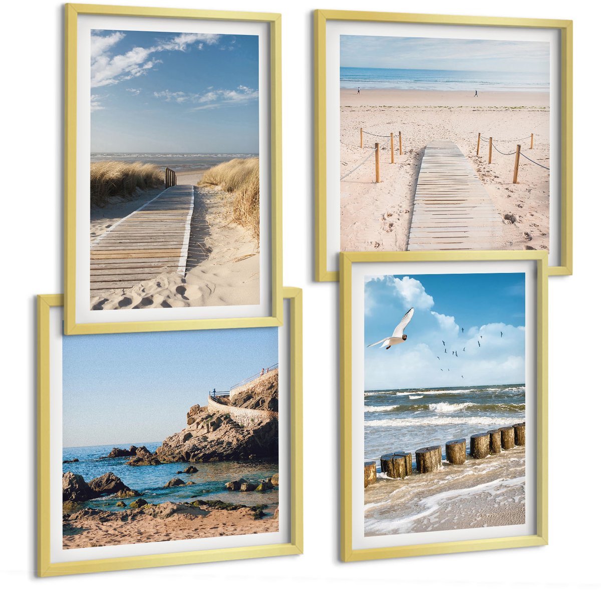 TULUP 4-Delige Schilderij Set - Strand met zand, golven, lucht en vogels in de lucht. - 40 x 40 cm en 40 x 60 cm - Muurdecoratie - Schilderijen Set - Woonkamer - Interieur Decoratie Gouden lijst