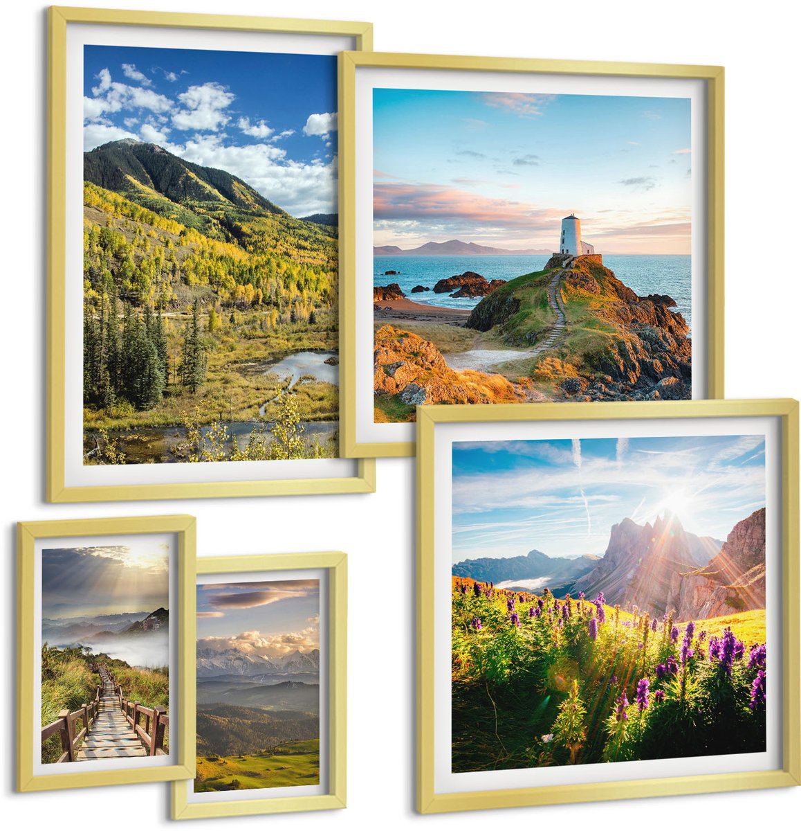 TULUP 5-Delige Schilderij Set - Berglandschappen met pittoreske uitzichten op de natuur - 50 x 50 cm, 20 x 30 cm en 40 x 60 cm - Stijlvolle Muurdecoratie - Kantoor - Interieur Decoratie Gouden lijst