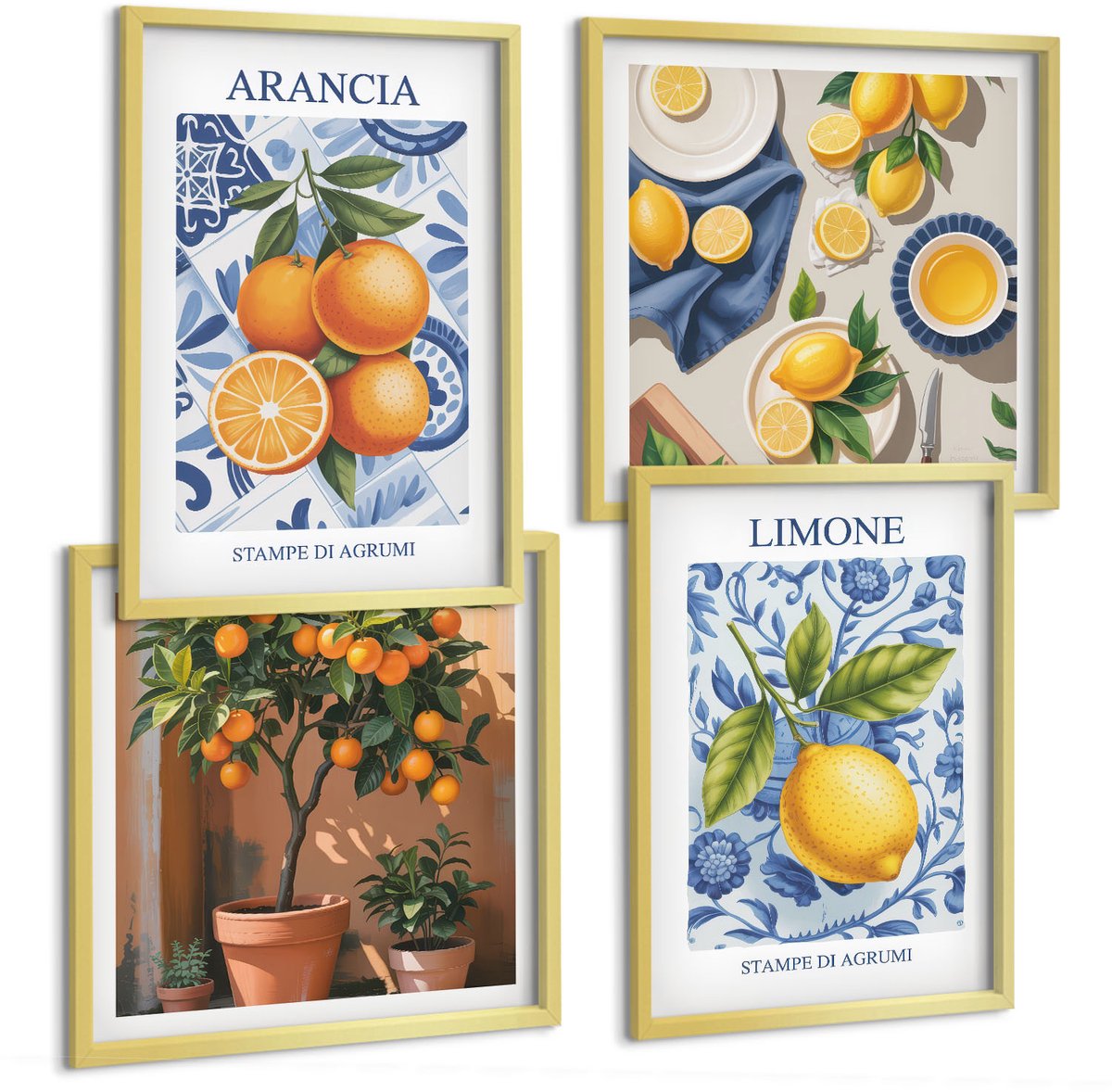TULUP 4-Delige Schilderij Set - Vintage illustraties van citrusvruchten - 40 x 40 cm en 40 x 60 cm - Decoratieve Schilderijen - Woonkamer - Interieur - Woonkamer Decoratie Gouden lijst