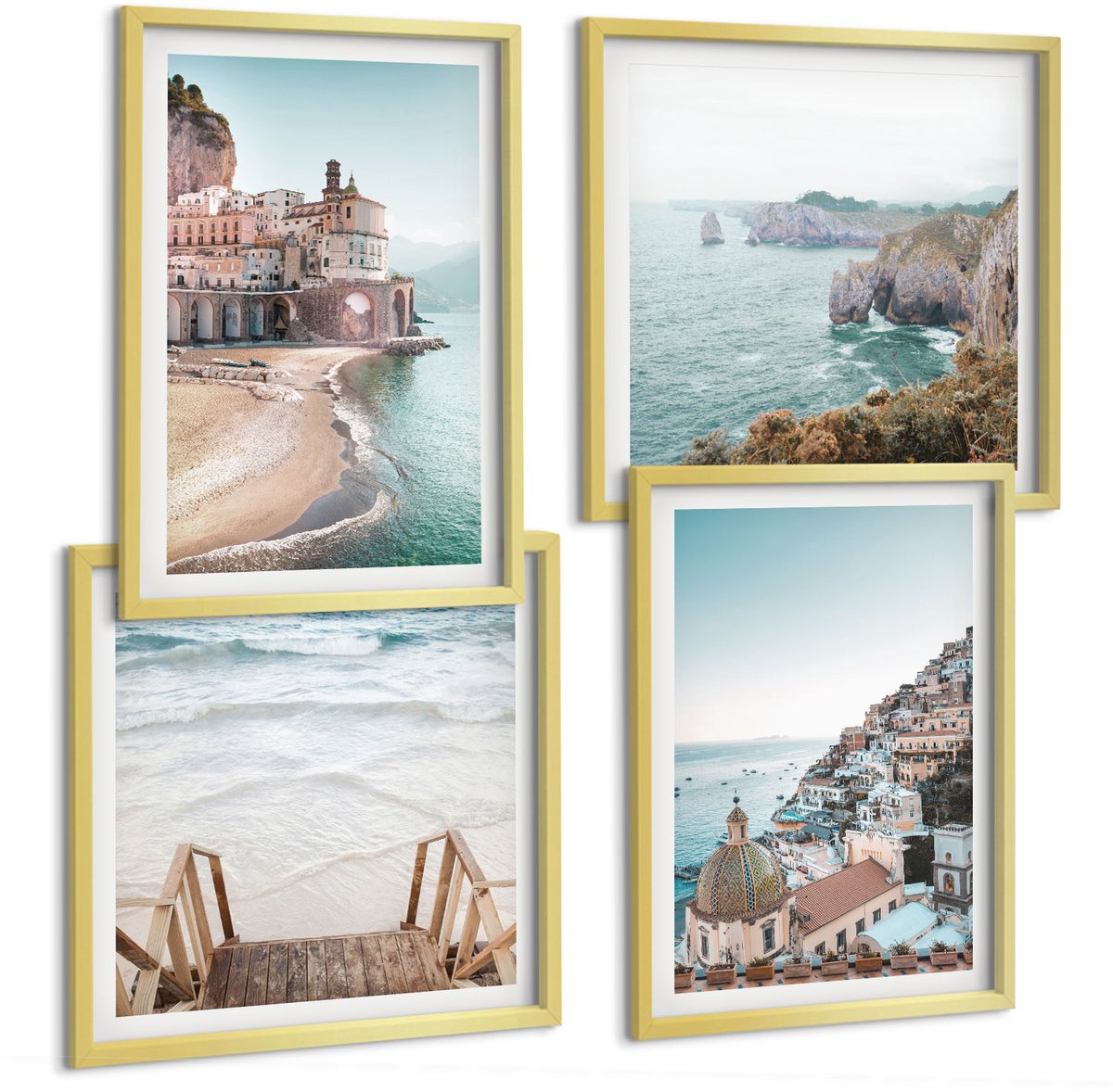 TULUP 4-Delige Schilderij Set - Zomerse pastelkleuren met architectuur aan zee en strand - 40 x 40 cm en 40 x 60 cm - Wanddecoratie - Schilderijen Set - Interieur - Woonkamer Decoratie Gouden lijst