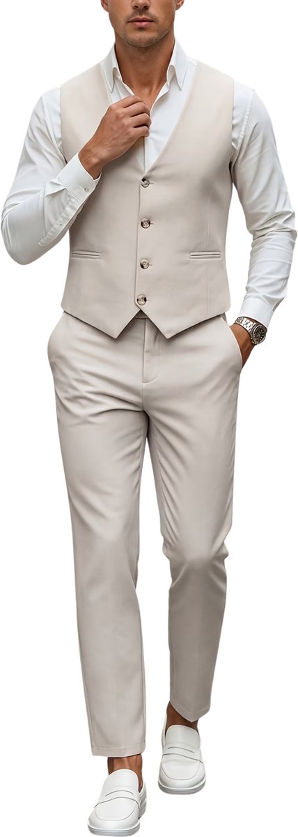 Currero 3 Delig Herenpak Met Overhemd - Suit 2 Delig - Tailored Fit Kostuum - Business Pak - Trouwpak - Smoking - Tuxedo Stijl - Bruiloft, Kantoor & Feest - Abrikoos S