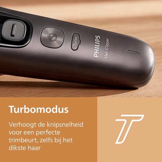 Detail van Philips haartrimmer met turboknop voor dikker haar.