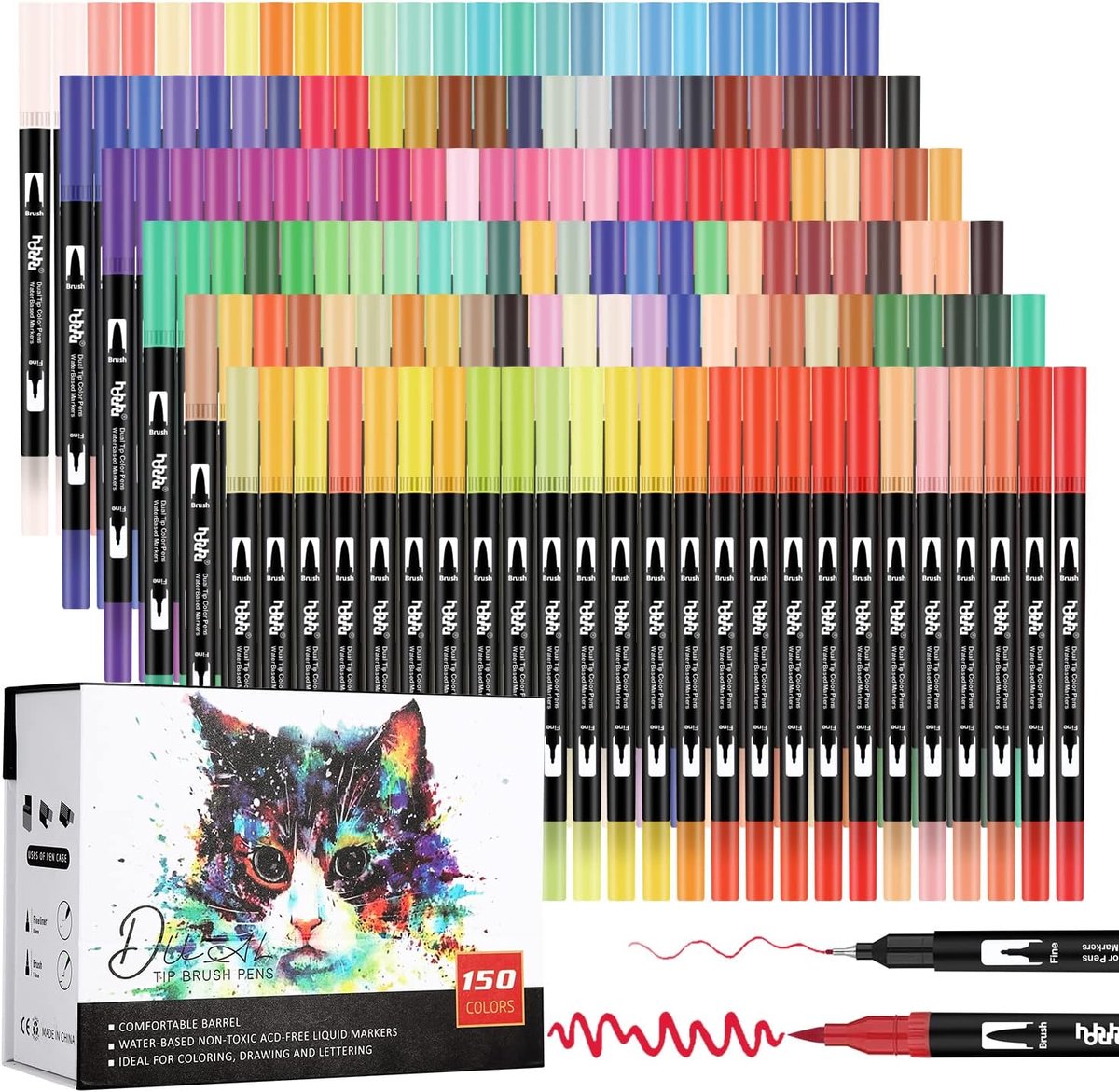 Brushpennen set 150 kleuren - Dubbelzijdig - Flexibele penseelpunt en fijne punt - Perfect voor tekenen en kleuren