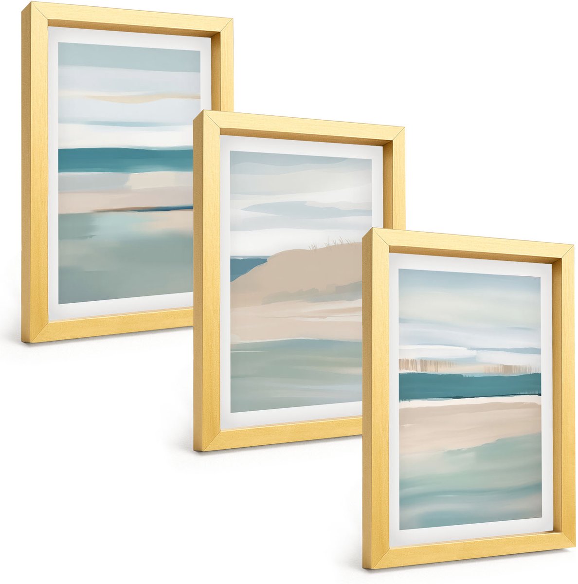 TULUP 4-Delige Schilderij Set - Abstracte landschappen in tinten blauw en beige. - 20 x 30 cm - Muurdecoratie - Schilderijen Set - Woonkamer - Wanddecoratie Gouden lijst