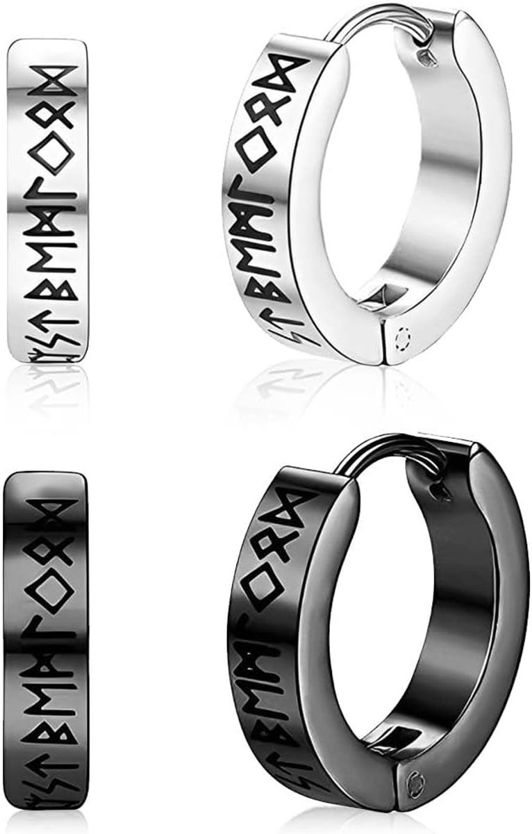 1 paar De Boucles D'Oreilles Viking Nordique Pour Homme - Acier Inoxydable, Runes Elder Futhark (Noir & Argent) - ShopVlot