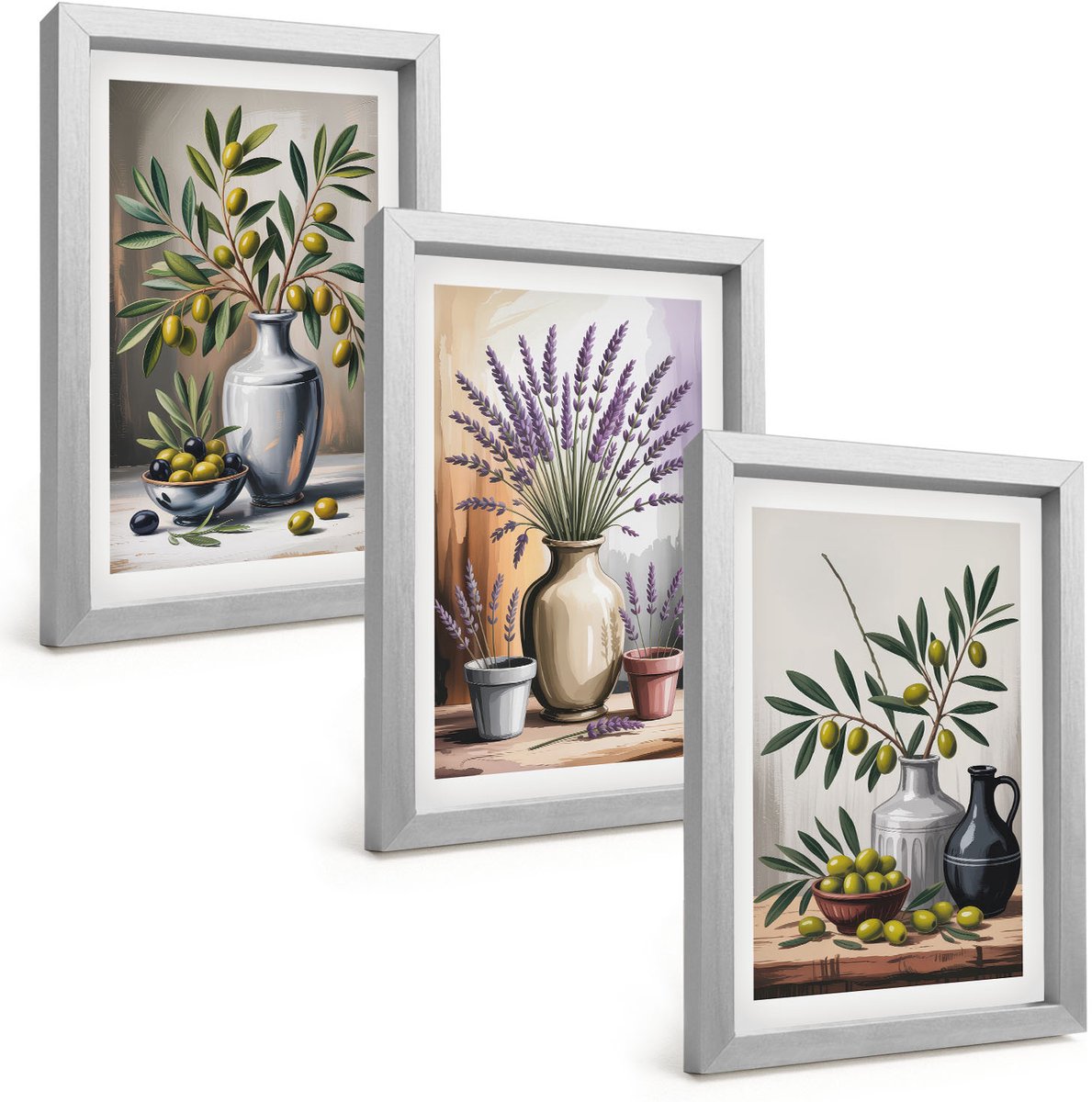 Tulup 4-Delige Schilderij Set - Bloemen en olijven in vazen ​​op een lichte achtergrond - 20 x 30 cm - Muurdecoratie - Decoratieve Schilderijen - Wohnzimmer - Stijlvolle Muurdecoratie
