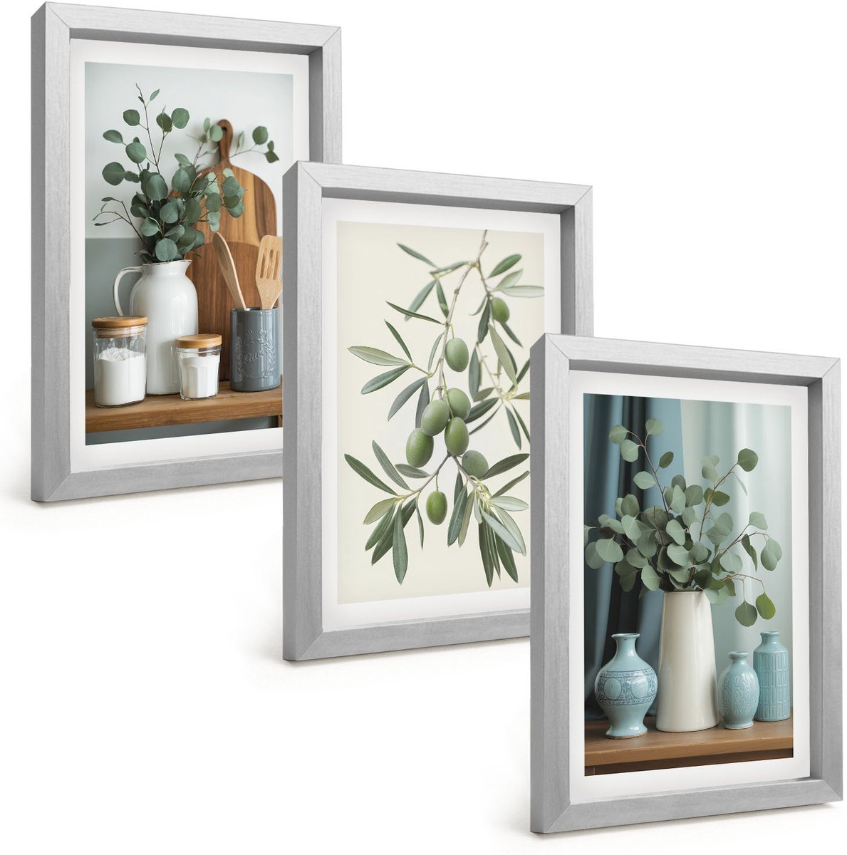 Tulup 4-Delige Schilderij Set - Esthetisch aantrekkelijke combinatie van groene olijven en eucalyptustakken - 20 x 30 cm - Muurdecoratie - Wanddecoratie - Hal
