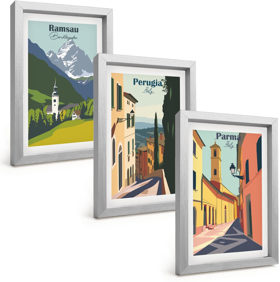 Tulup 4-Delige Schilderij Set - Berglandschappen en straten van Italiaanse steden - 20 x 30 cm - Muurdecoratie - Decoratieve Schilderijen - Wohnzimmer - Stijlvolle Muurdecoratie