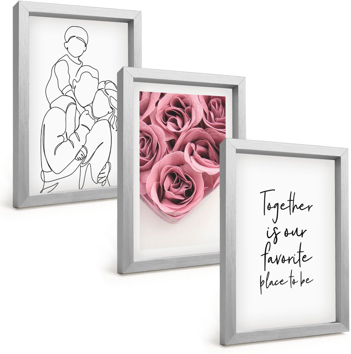 Tulup 4-Delige Schilderij Set - Familie Lineart Rozenboeketten Inscriptie Thuis - 20 x 30 cm - Wanddecoratie - Woonkamer Decoratie - Muurdecoratie