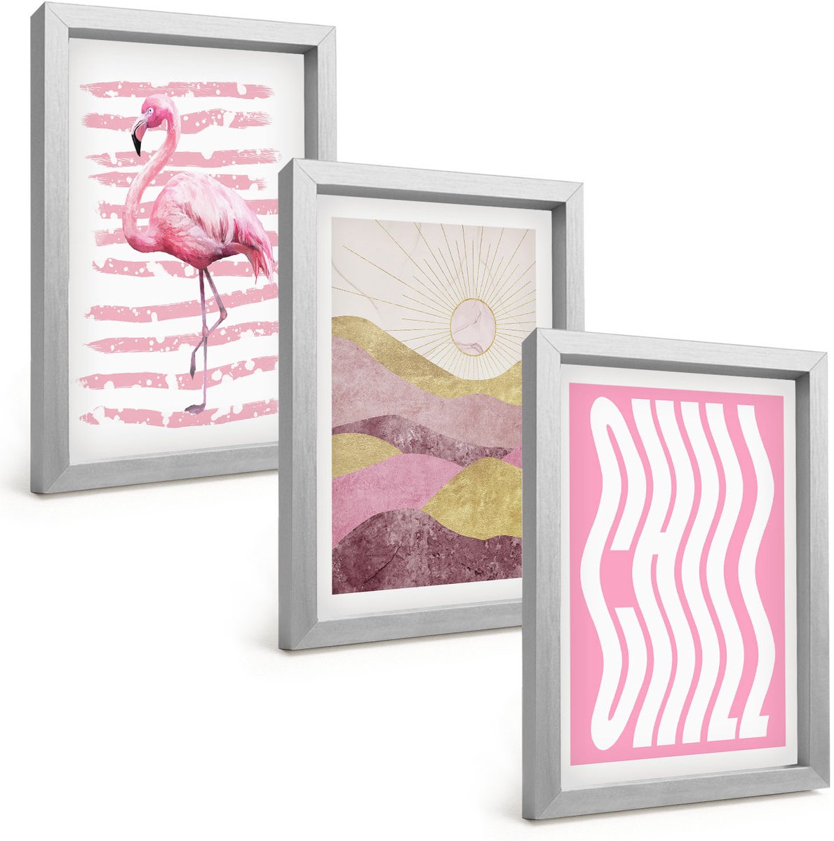 Tulup 4-Delige Schilderij Set - Roze flamingo's, pastelkleurig berglandschap, relaxte belettering - 20 x 30 cm - Stijlvolle Muurdecoratie - Kantoor - Interieur Decoratie