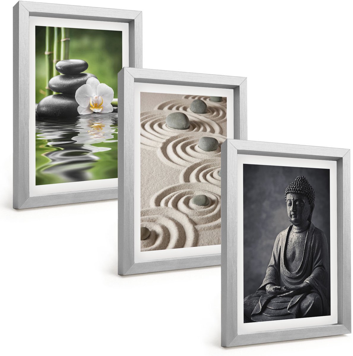 Tulup 4-Delige Schilderij Set - Ontspannend uitzicht op Boeddha, strandstenen en bamboe. - 20 x 30 cm - Wanddecoratie - Schilderijen Set - Interieur - Woonkamer Decoratie