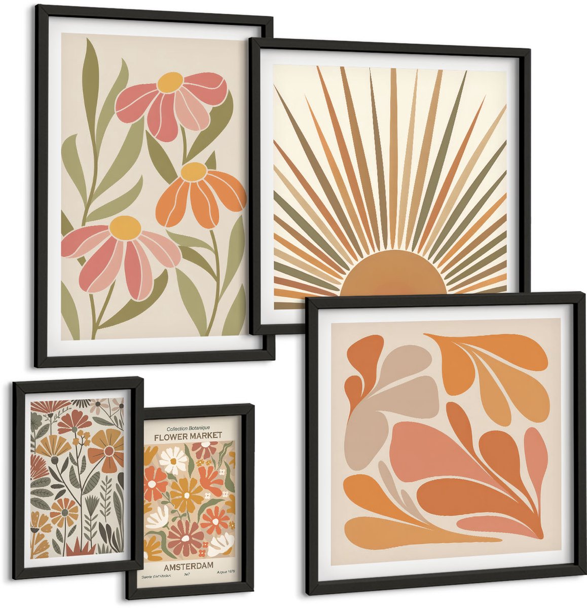 Tulup 4-Delige Schilderij Set - Bloemenmotieven en geometrische vormen in boho-stijl - 50 x 50 cm, 20 x 30 cm en 40 x 60 cm - Wanddecoratie - Woonkamer Decoratie - Muurdecoratie