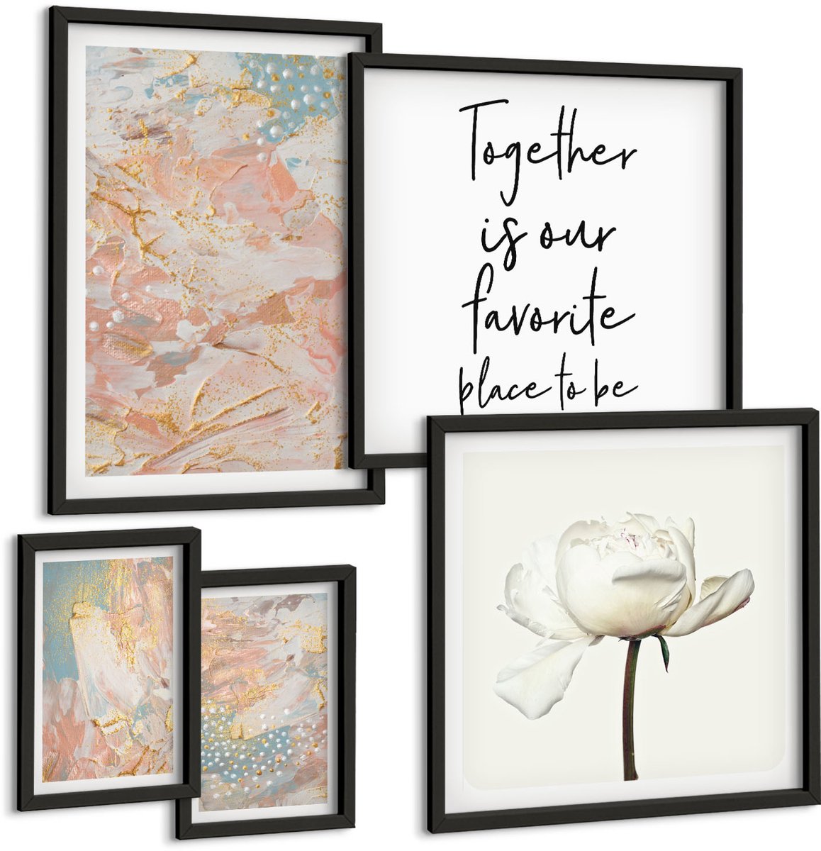 Tulup 4-Delige Schilderij Set - Abstracte composities met bloemen en inspirerende slogans - 50 x 50 cm, 20 x 30 cm en 40 x 60 cm - Muurdecoratie - Wanddecoratie - Hal - Decoratieve Schilderijen