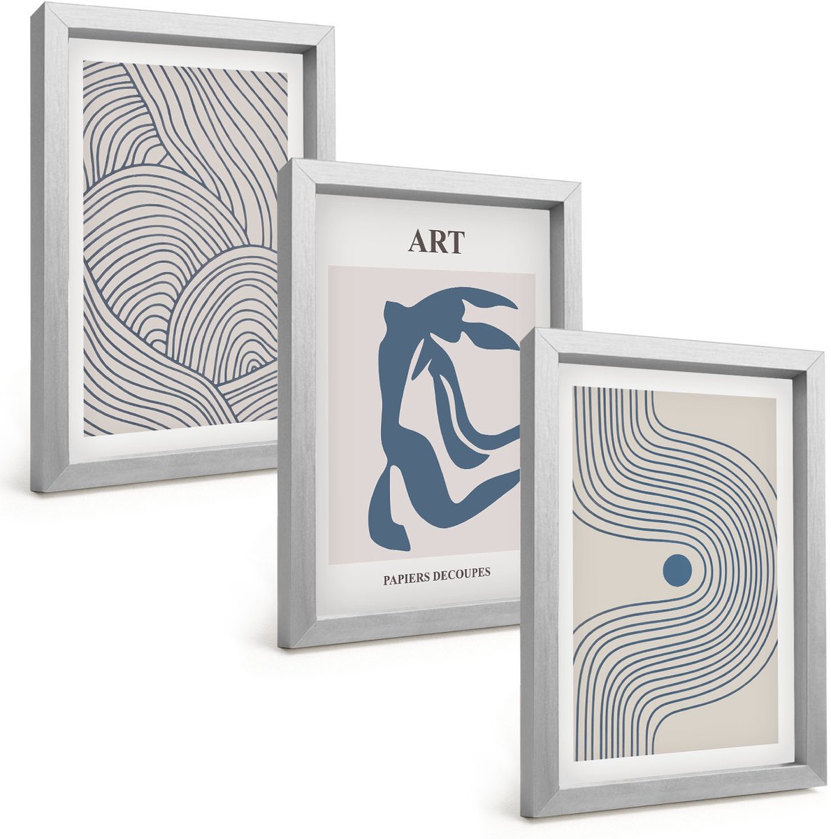 TULUP 4-Delige Schilderij Set - Abstracte patronen van lijnen en vormen in blauwe tinten - 20 x 30 cm - Muurdecoratie - Interieur Decoratie - Stijlvolle Muurdecoratie Zilveren lijst