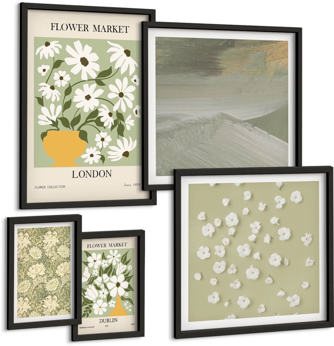 Tulup 4-Delige Schilderij Set - Bloemmotieven tegen de achtergrond van stadspleinen en landschappen - 50 x 50 cm, 20 x 30 cm en 40 x 60 cm - Wanddecoratie - Moderne Interieurdecoratie - Decoratieve Schilderijen