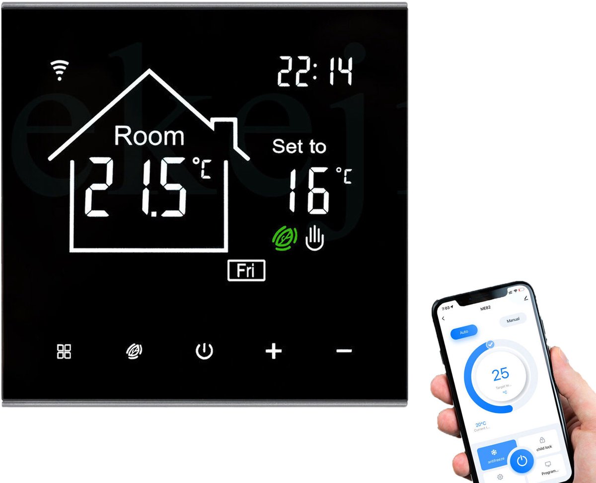 Wi-Fi slimme thermostaat – Watergedragen vloerverwarmingsregelaar – Bediening op afstand via mobiele telefoon – Energiebesparende functie met één druk op de knop – LCD-touchscreen – Witte achtergrondverlichting – 16A