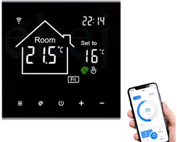 Wi-Fi slimme thermostaat – Watergedragen vloerverwarmingsregelaar – Bediening op afstand via mobiele telefoon – Energiebesparende functie met één druk op de knop – LCD-touchscreen – Witte achtergrondverlichting – 16A