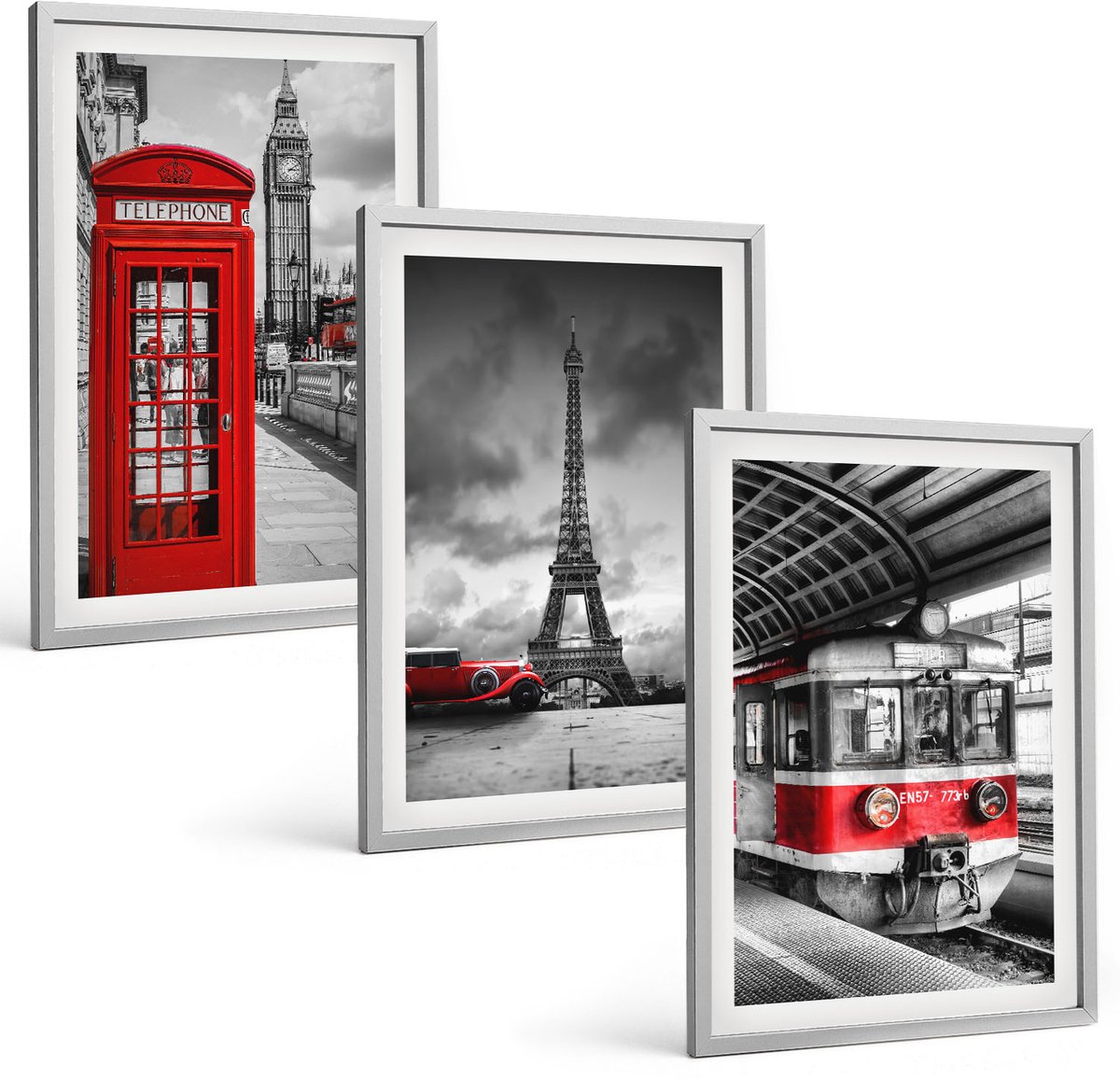 TULUP 4-Delige Schilderij Set - Iconische steden: Londen, Parijs en het spoorvervoer - 40 x 60 cm - Muurdecoratie - Schilderijen Set - Woonkamer - Moderne Wanddecoratie Zilveren lijst