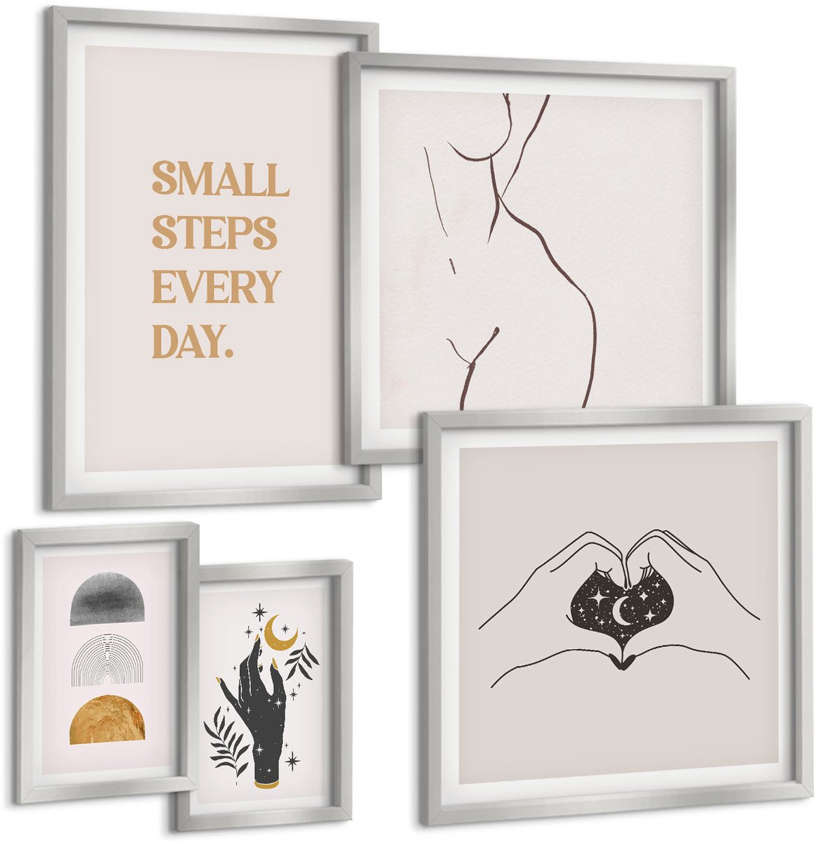 TULUP 4-Delige Schilderij Set - Motivatie en positief denken in een minimalistische stijl - 50 x 50 cm, 20 x 30 cm en 40 x 60 cm - Stijlvolle Wanddecoratie - Interieur - Interieur Decoratie Zilveren lijst