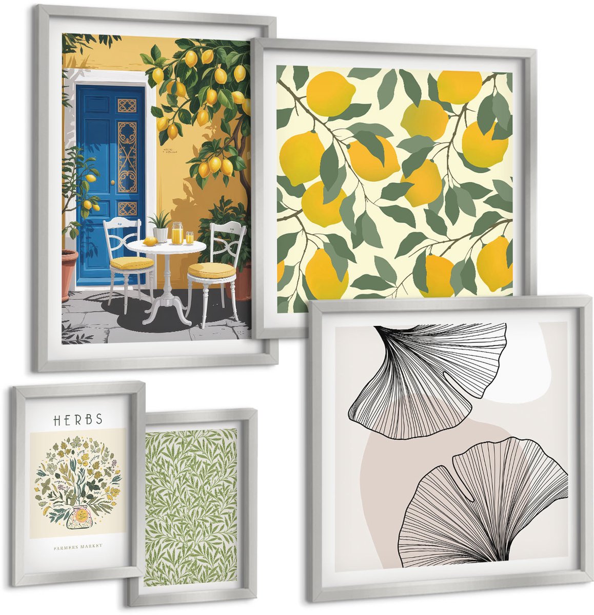 TULUP 4-Delige Schilderij Set - Stijlvolle accenten met plant- en fruitmotieven. - 50 x 50 cm, 20 x 30 cm en 40 x 60 cm - Moderne Wanddecoratie - Woonkamer Zilveren lijst