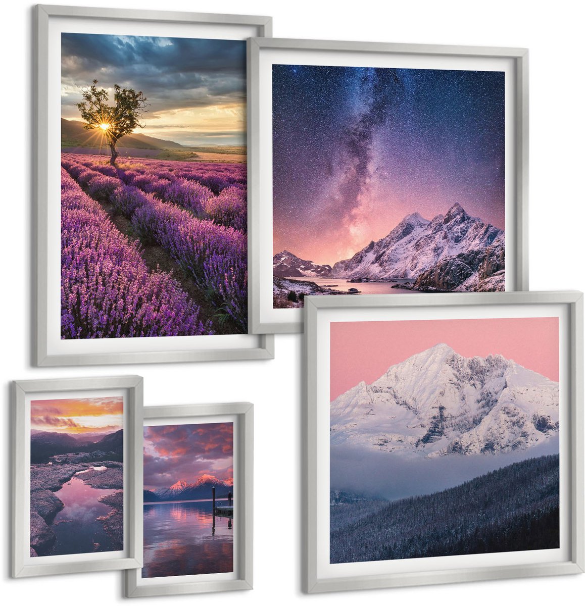 TULUP 4-Delige Schilderij Set - Natuurlandschappen met lavendelvelden en bergen - 50 x 50 cm, 20 x 30 cm en 40 x 60 cm - Wanddecoratie - Muurdecoratie - Woonkamer Zilveren lijst