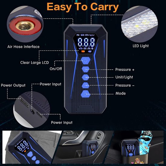 Draagbare Elektrische Luchtpomp 12V, Oplaadbare Accu Compressor 150 PSI, Elektrische Fietspomp met Digitale Drukmeter en LED-Licht, Mini Luchtcompressor voor Auto, Fiets en Motorfiets — afbeelding 2