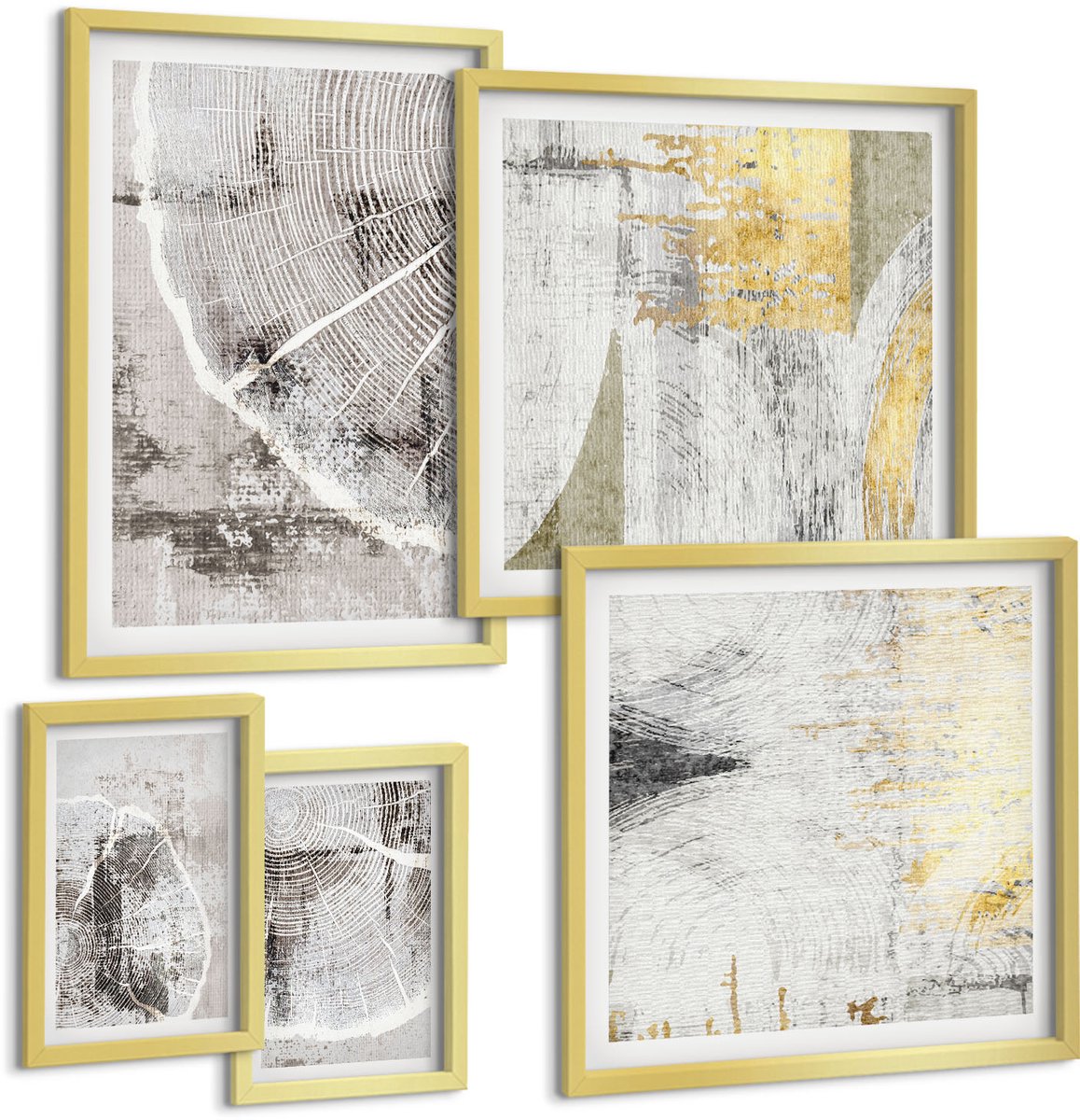TULUP 5-Delige Schilderij Set - Abstracte patronen en texturen in neutrale tinten - 50 x 50 cm, 20 x 30 cm en 40 x 60 cm - Moderne Wanddecoratie - Slaapkamer Gouden lijst