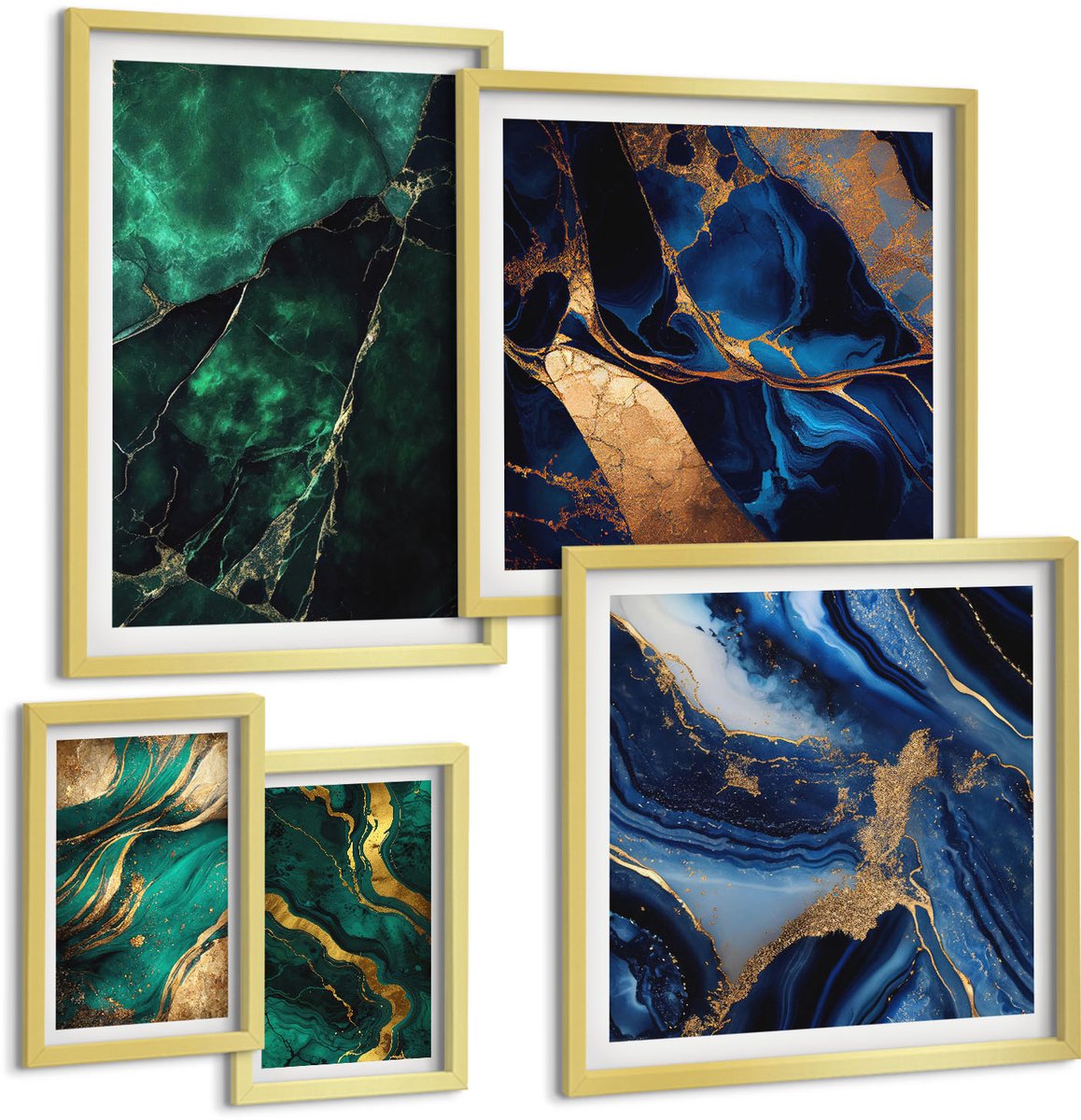 TULUP 5-Delige Schilderij Set - Elegante abstracties in tinten groen en blauw - 50 x 50 cm, 20 x 30 cm en 40 x 60 cm - Muurdecoratie - Decoratieve Schilderijen - Wohnzimmer - Stijlvolle Muurdecoratie Gouden lijst