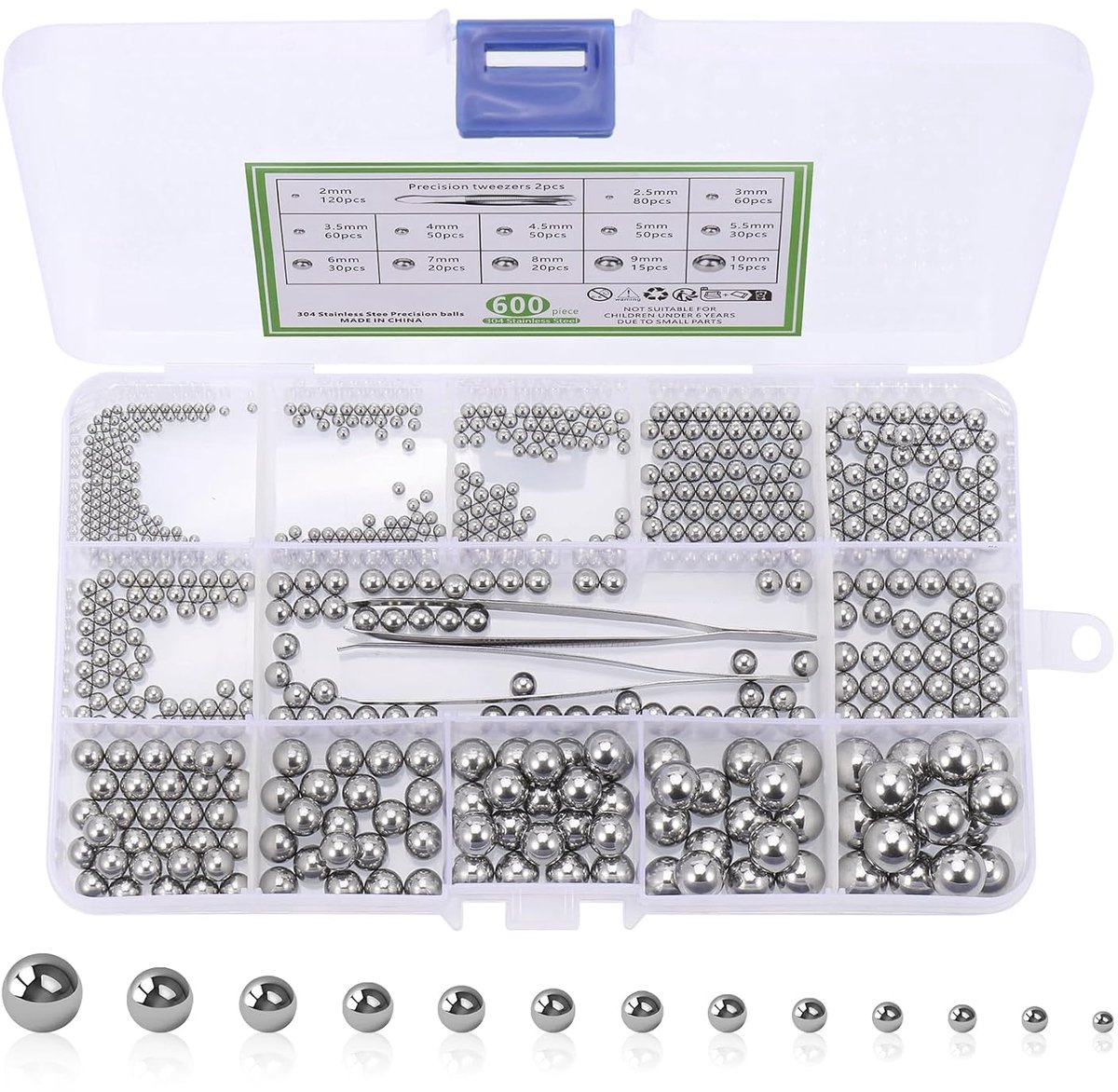 600 Pcs Ball Bearings, Stainless Steel Ball Bearing, 13 Sizes Metric Precision Metal Bearing 2-10mm, Round Polished - ShopVlot
