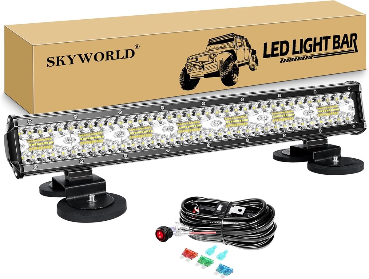 SKYWORLD 20 inch 420W led light bar with 12V wiring harness kit and magnetic mounting bracket holder, waterproof led - ShopVlot