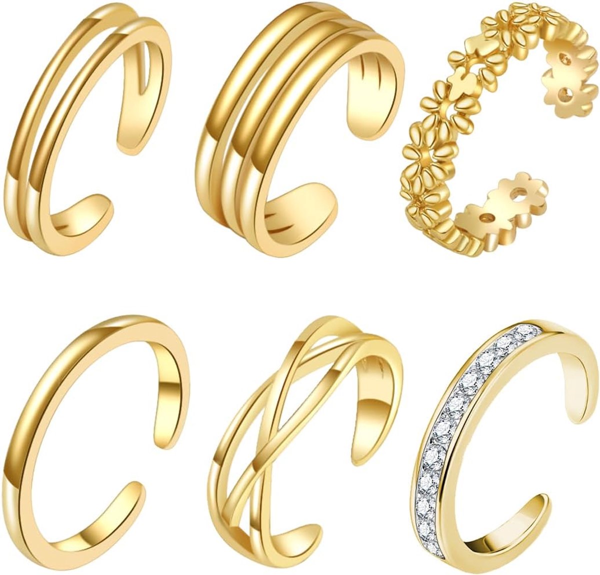 6 Pcs 14K Gold Filled Adjustable Toe Rings Set for Women Flower Heart Open Toe Rings Thumb Rings Summer Beach Foot - ShopVlot