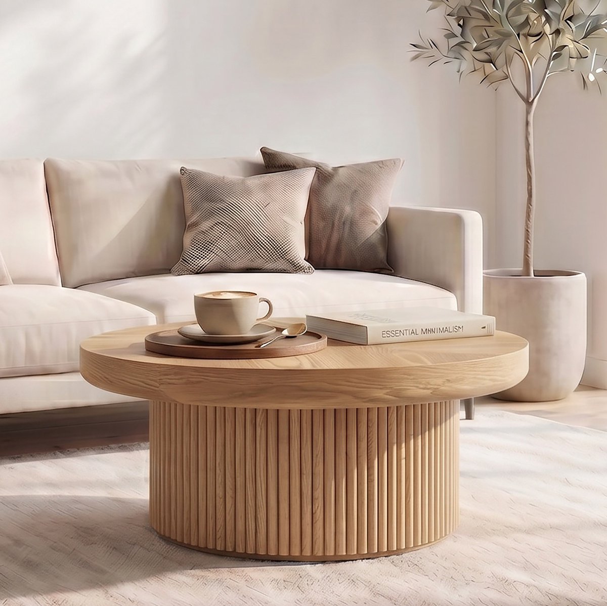 MODENUIT Salontafel - Ronde Salontafel Met Geribbelde Basis - Woonkamer En Kleine Ruimtes - Hout - 78 Cm - Natural Wood