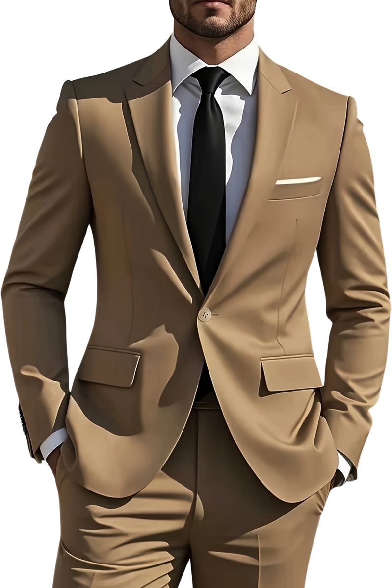 Currero 3 Delig Herenpak Met Overhemd Suit 2 Delig Tailored Fit Kostuum Business Pak Trouwpak Smoking Tuxedo Stijl Bruiloft Kantoor & Feest Bruin