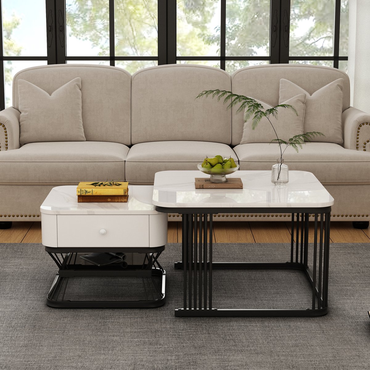 MODENUIT Salontafel Set - Hoogglans Marmorlook Met Lade - Woonkamer - MDF En Metaal - Wit/Zwart - 70x70x45 Cm