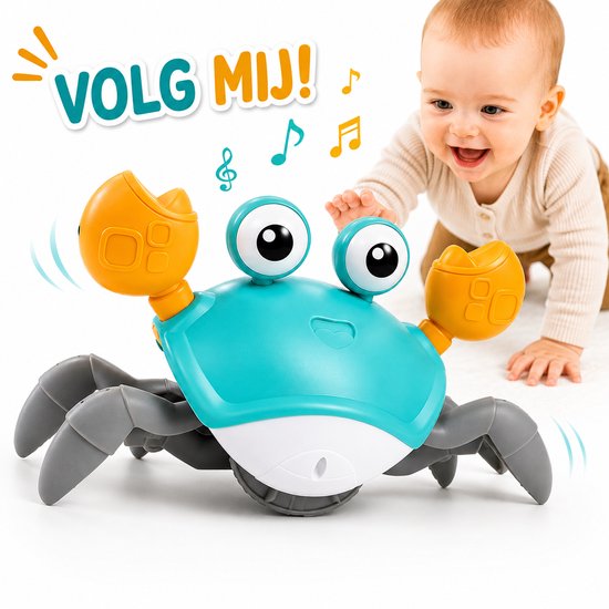 Een baby kruipt en reikt naar een blauwe krab met oranje scharen. Tekst: 'Volg mij!'.