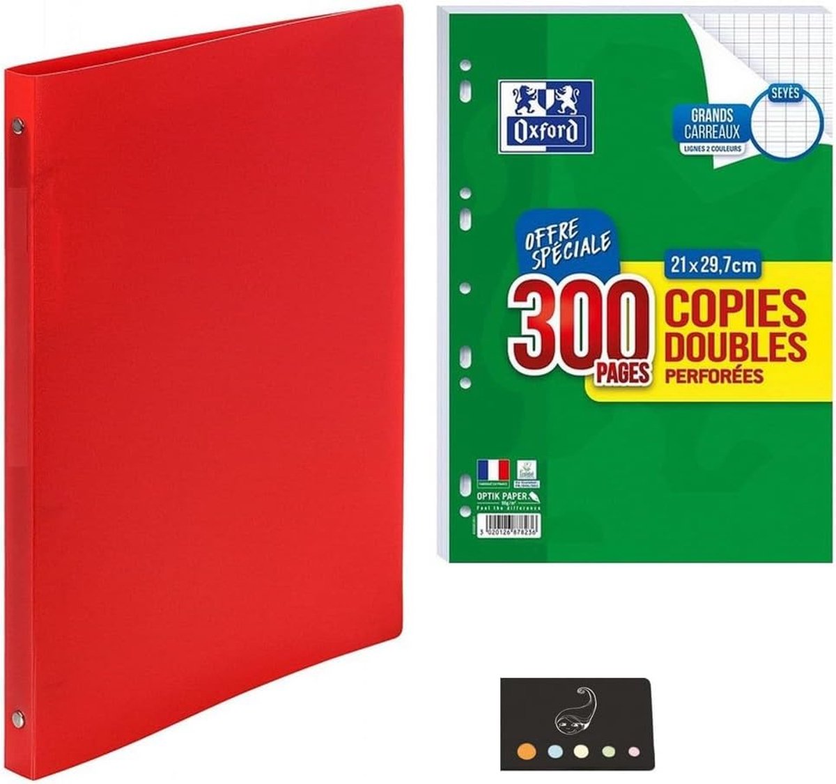 Set of 1 file A4 Maxi 4 rings spine 20mm + 300 double perforated copies Seyes + 6 A4 Plus tabs + 1 self-adhesive index - ShopVlot