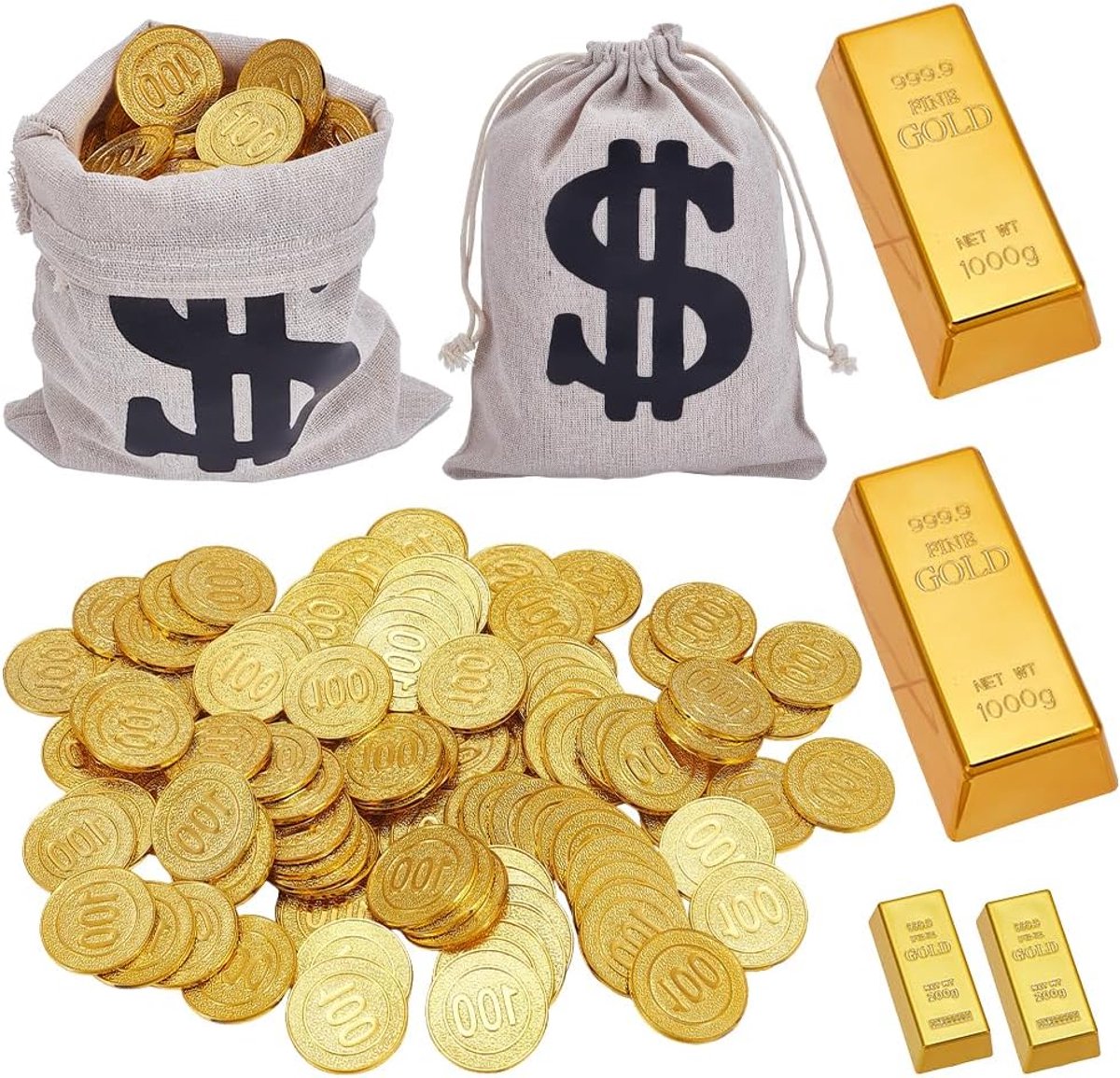 ORIGACH Set van 116 namaakgouden repen, 8 replica's van goudbarren, 8 stoffen geldzakken met dollarteken, 100 gouden - ShopVlot