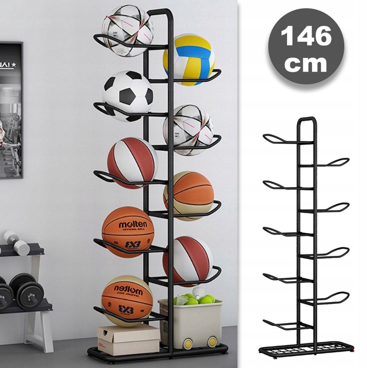 Verticaal Opbergrek Voor Basketbalballen - Duurzame Ruimtebesparende Vloerstandaard Van Zwart Staal - Geschikt Voor Basketbal Voetbal Volleybal En Yogaballen - Voor Speelkamer, Garage En School - 58x23,5x146cm