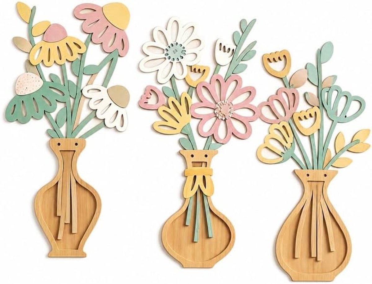 Houten wanddecoratie 3-set bloemen vazen motief van MDF Dunne 2D lagen Decoratief bloemenwandbeeld Veelzijdige - ShopVlot