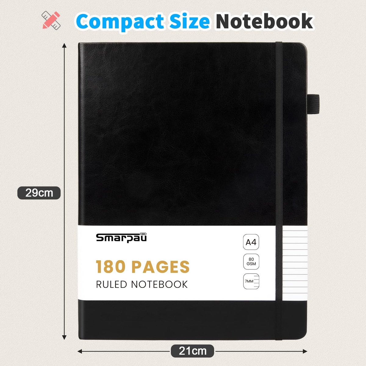Smarpau Notitieboek, A4, hardcover, gelinieerd, dagboek, boek met 180 pagina's, premium 80 g/m², inktbestendig papier - ShopVlot