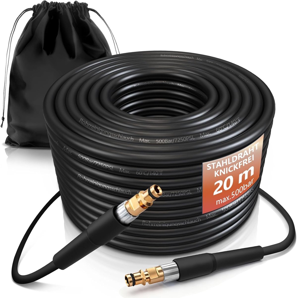 Pipe Cleaning Hose Set 20 m 500 Bar 60 °C Pressure Washer Pipe Cleaning Kit Drain Cleaner High Pressure Hose Extension - ShopVlot