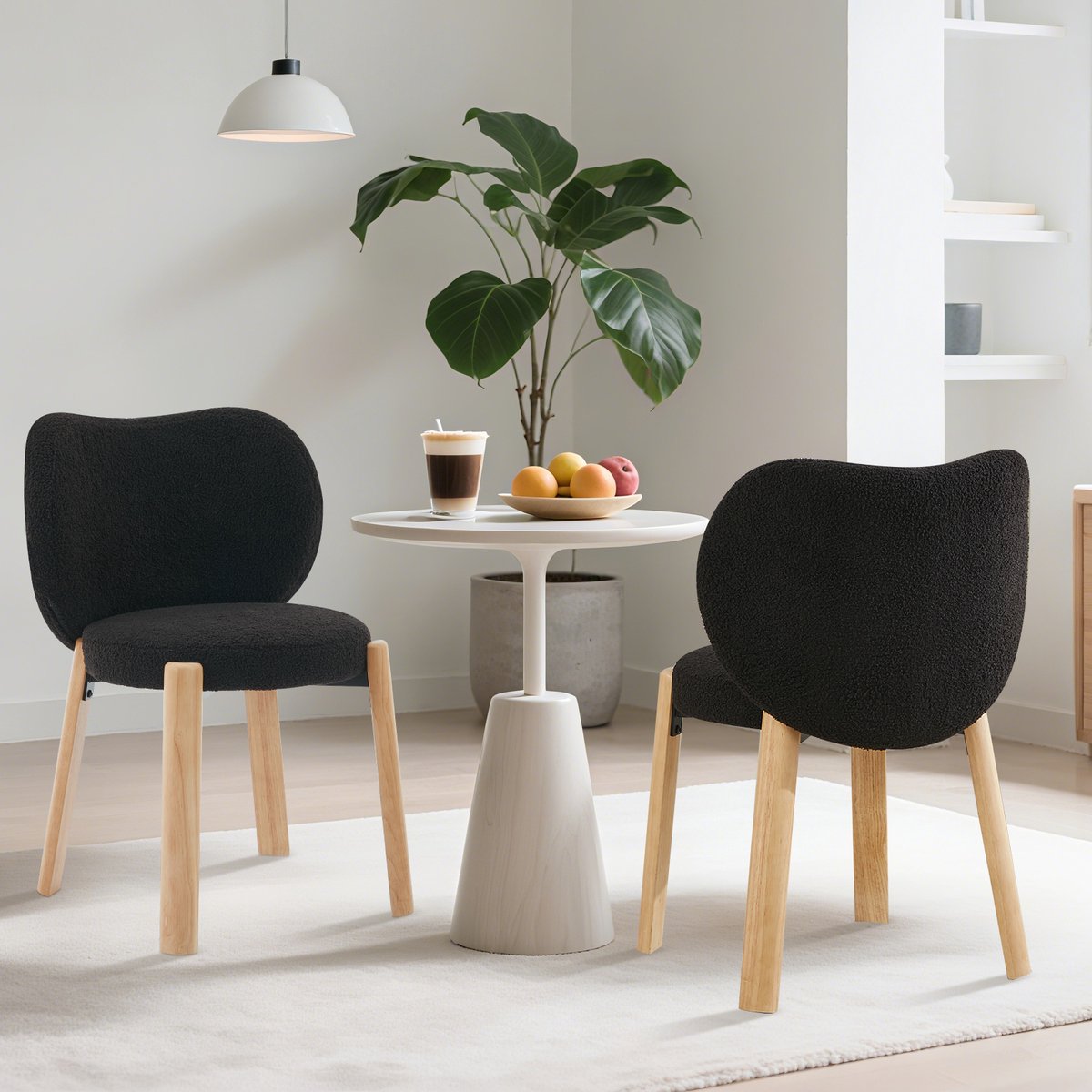 Triumpunpre - Hart‑Vormige Accentstoel - Zonder Armleuningen - Fluwelen Stoel - Houten Poten - Teddyfluweel Zwart - 2 Stuks