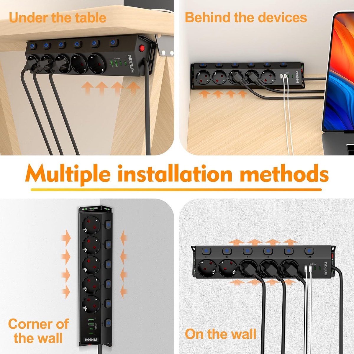 Hoekcontactdoos - Zwart - 3 m - Meervoudige Stekkerdoos met USB-A en USB-C - Voor Keuken en Kantoor