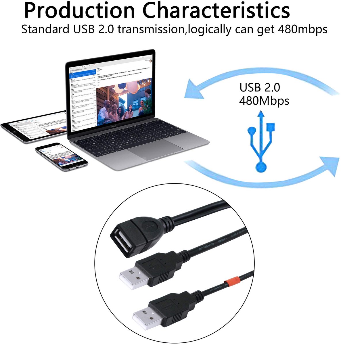 USB 2.0 verlengkabel 1 m - Y-splitter hub-adapter - 1 vrouwelijk naar 2 mannelijk - ideaal voor data en opladen - ShopVlot
