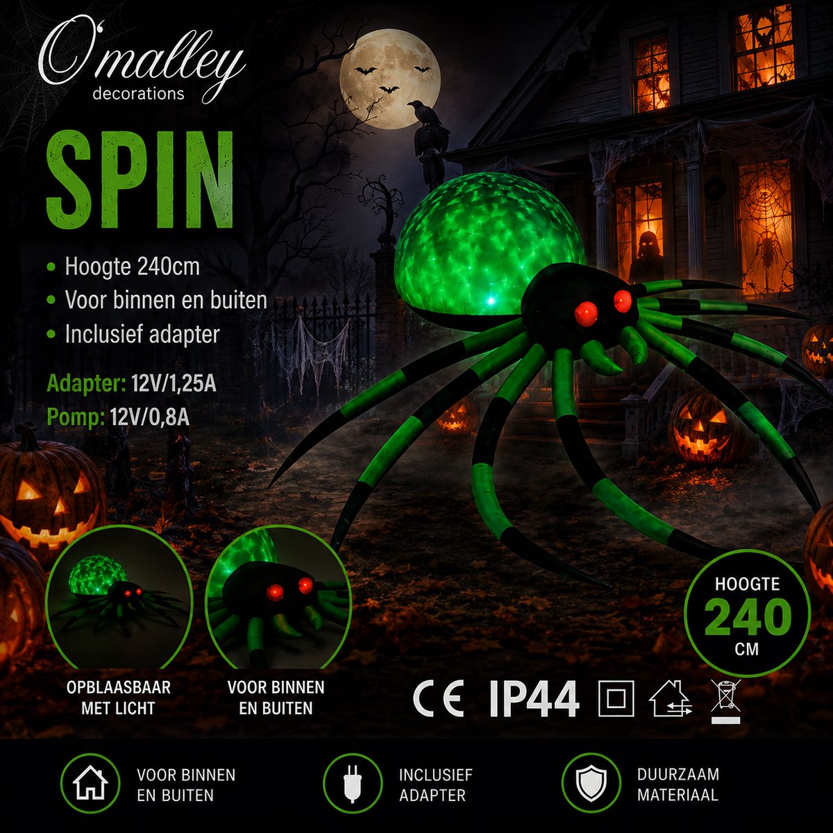 O’Malley Opblaasbare Halloween Spin – 240 cm – Met Verlichting – Voor Binnen & Buiten – Inclusief Adapter – IP44
