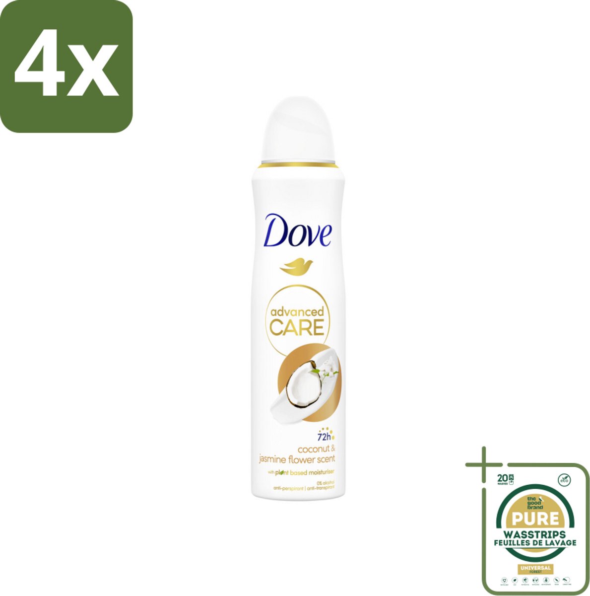 Dove Deodorant Spray - Advanced Care - Kokos & Jasmijnbloem - 150 ml - Voordeelverpakking - 4 stuks - Kokos - Jasmijn